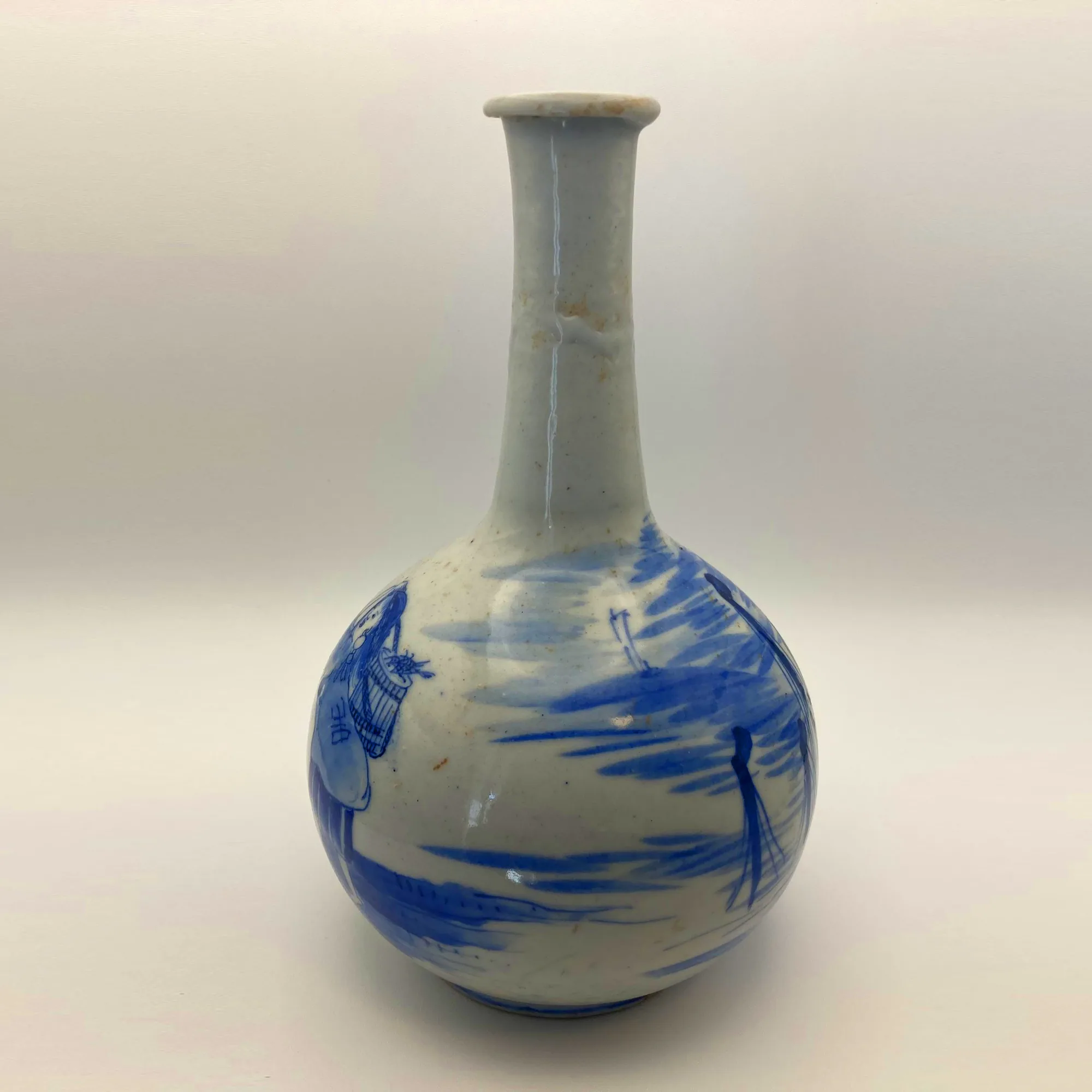 Antique Sometsuke Tokkuri, Blue and White Sake Bottle with Shell Gatherer by the Sea, Edo to Meiji Era, Japan
