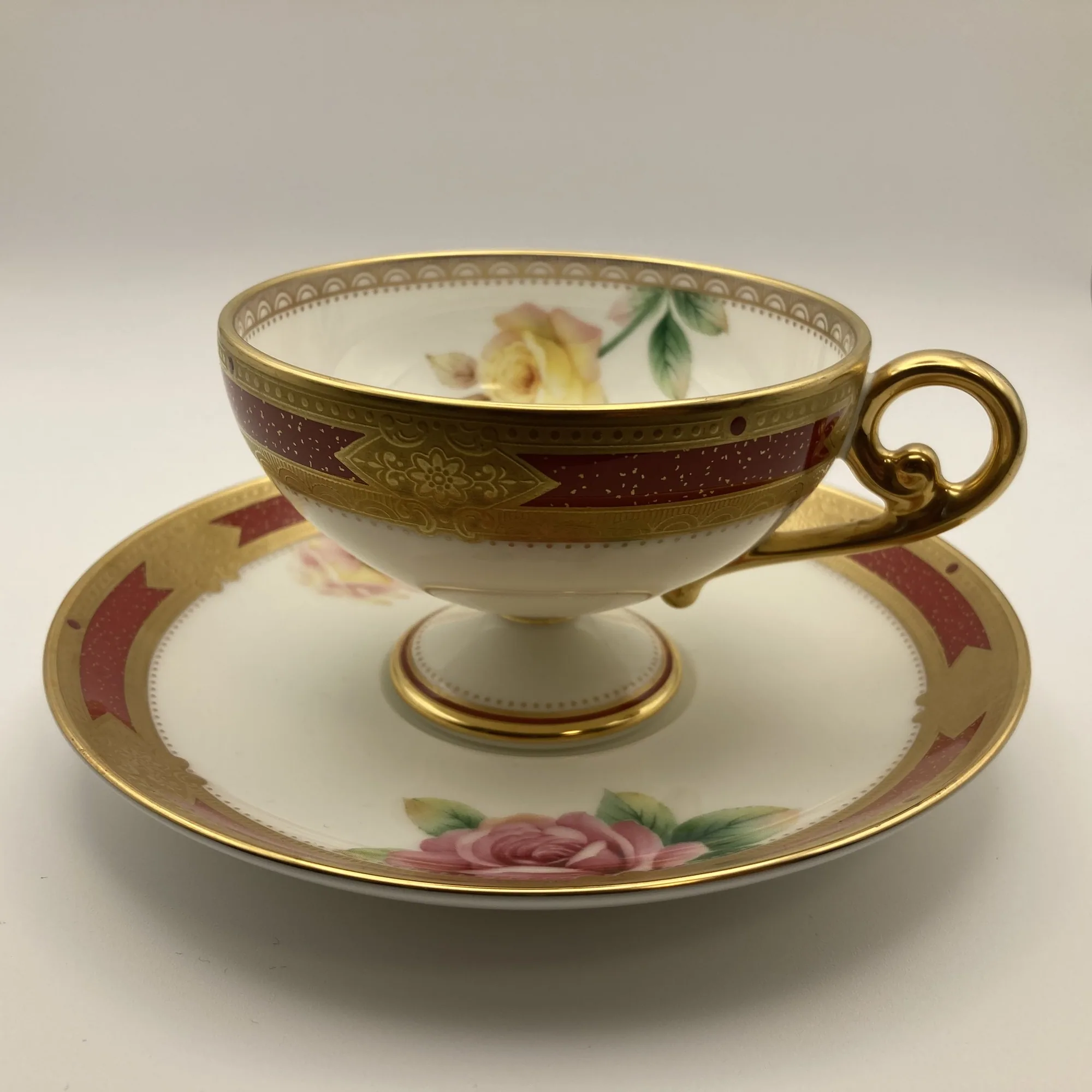 Noritake "1904" Heritage Collection Pedestal Tea Cup and Saucer, Roses and Raised Gold, Bone China, Japan