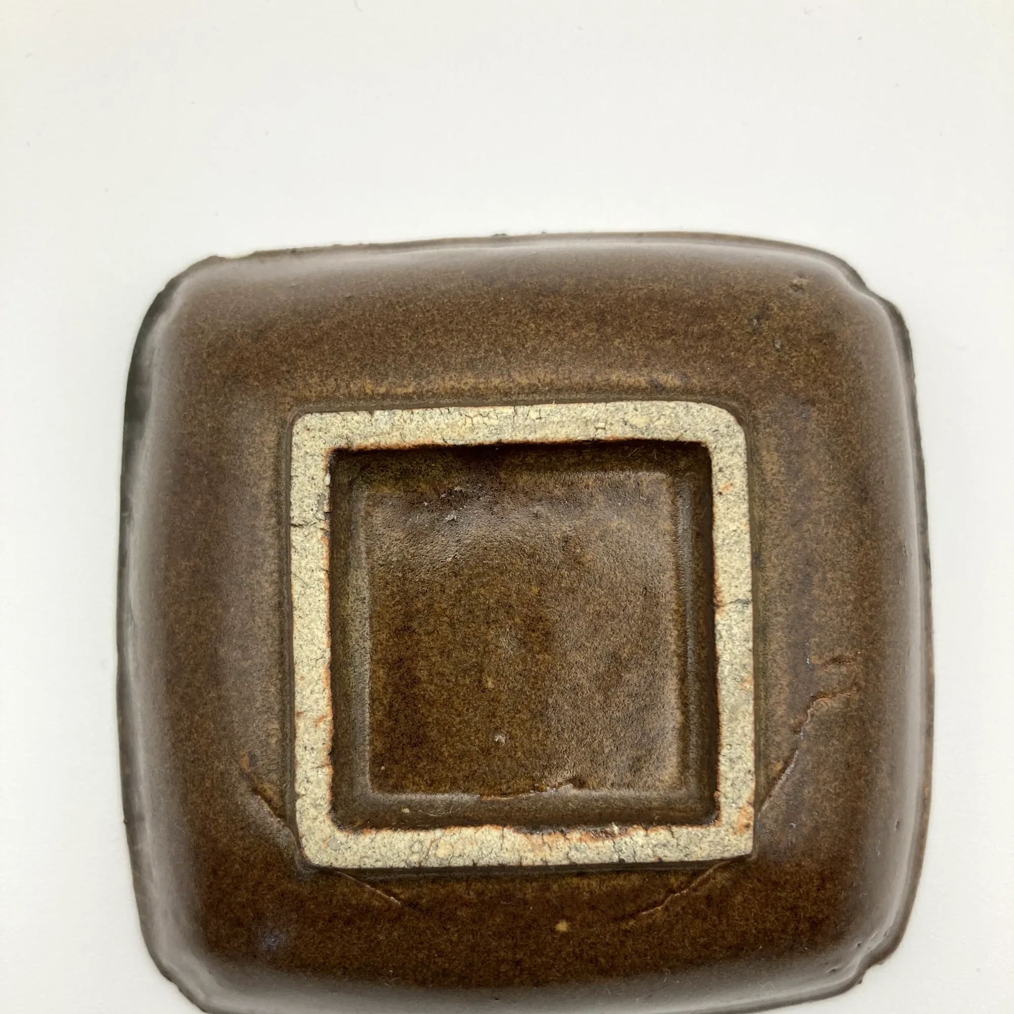 Antique Iron-Glazed Square Dish with Molded Plum Blossom, Brown Stoneware Kozara, Edo to Meiji Japan