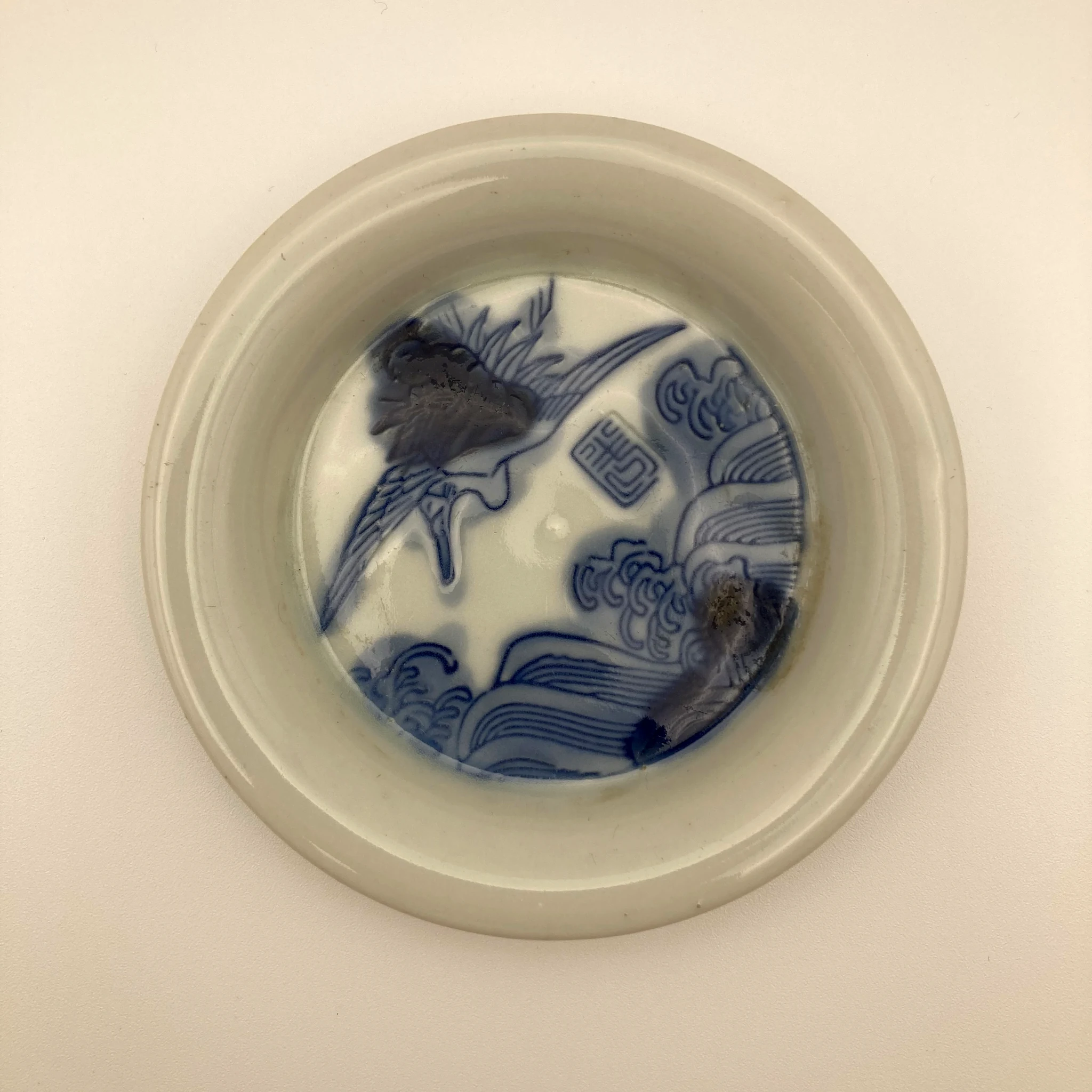 Antique Blue and White Dish with Crane over Waves, Bold Kiln Flaws, Edo to Meiji Japan