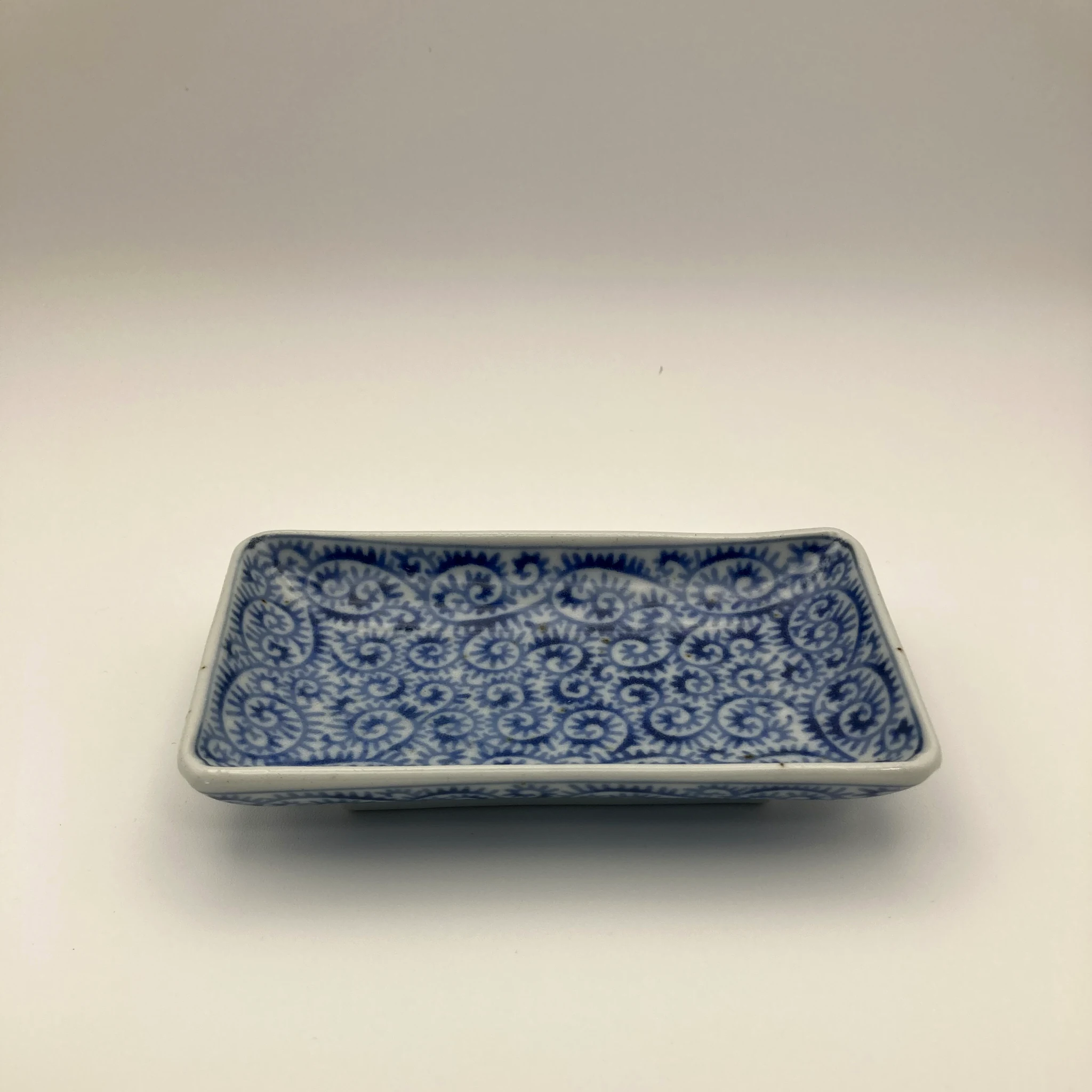 Set of 3 Antique Takokarakusa Rectangular Plates, Blue and White Octopus Scroll Kozara, Meiji Era Japan